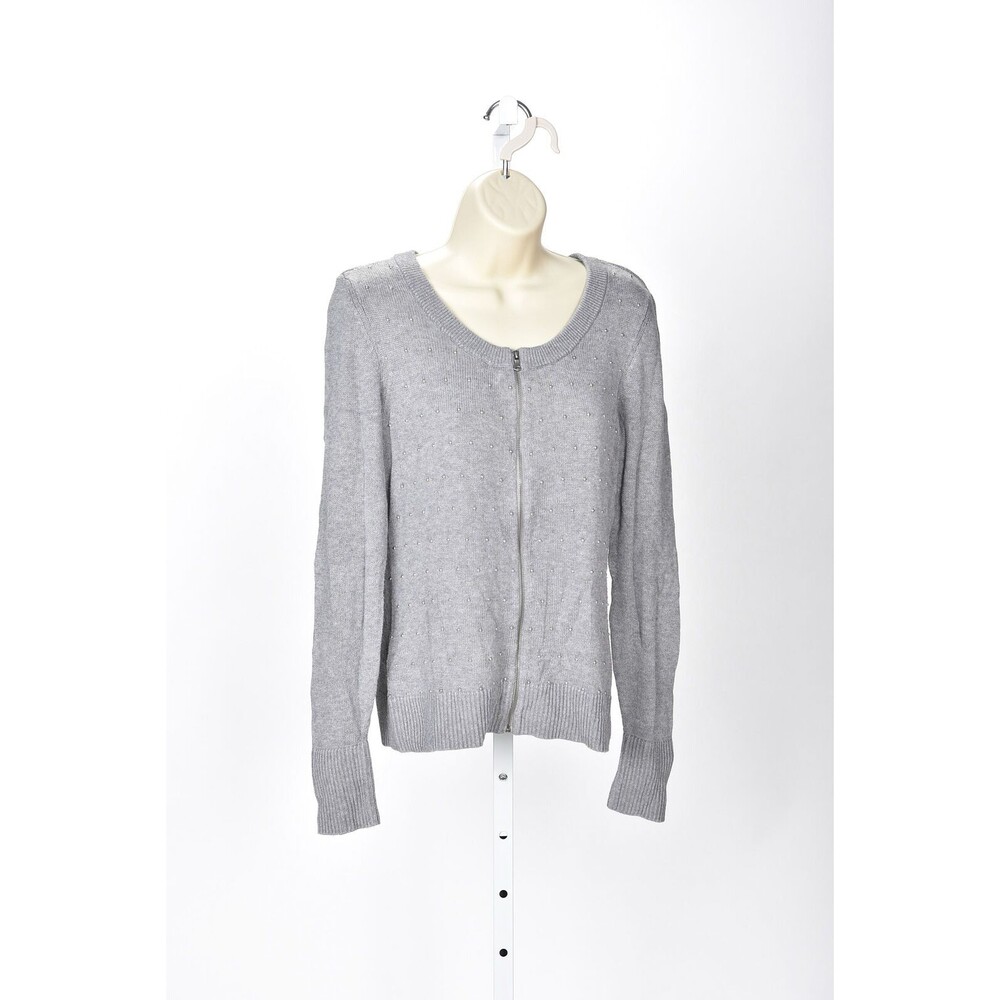 Talbots Gray Zip Up Cardigan Sweater Silver Beading Detail Size S
